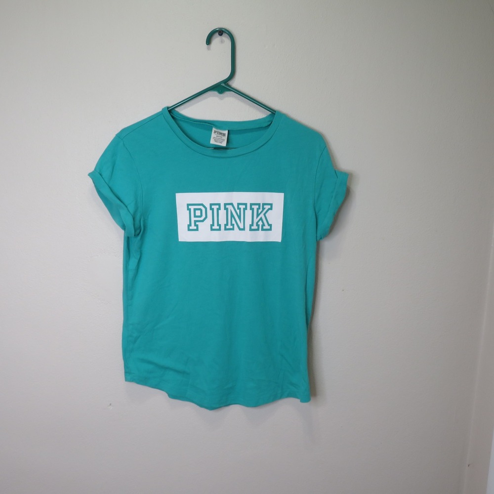 Victorias Secret PINK Teal Blue Box Logo Graphic T-Shirt Rolled Sleeve Medium